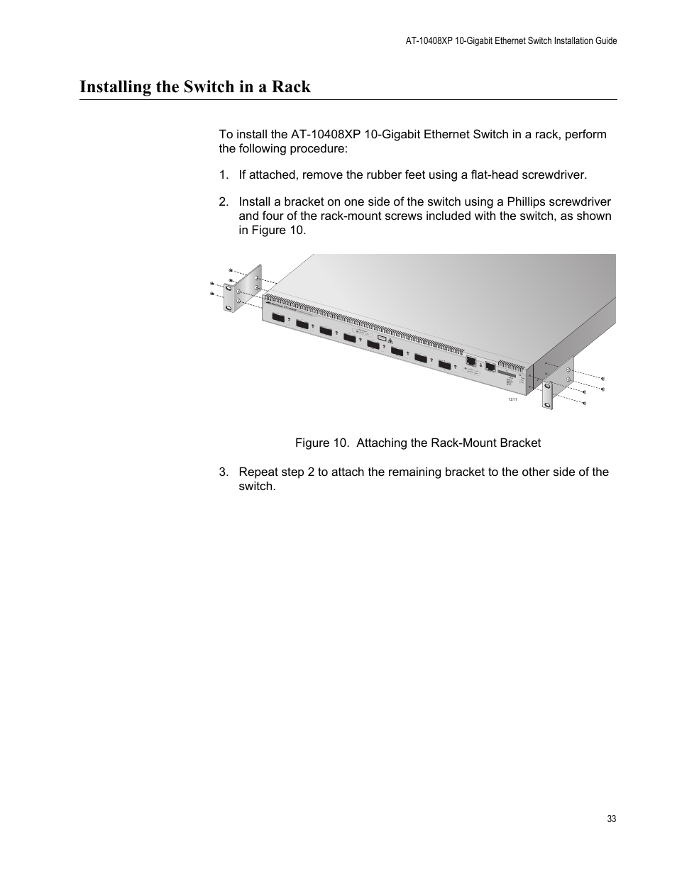 Installing the switch in a rack, Figure 10. attaching the rack-mount bracket | Allied Telesis AT-10408XP User Manual | Page 33 / 50