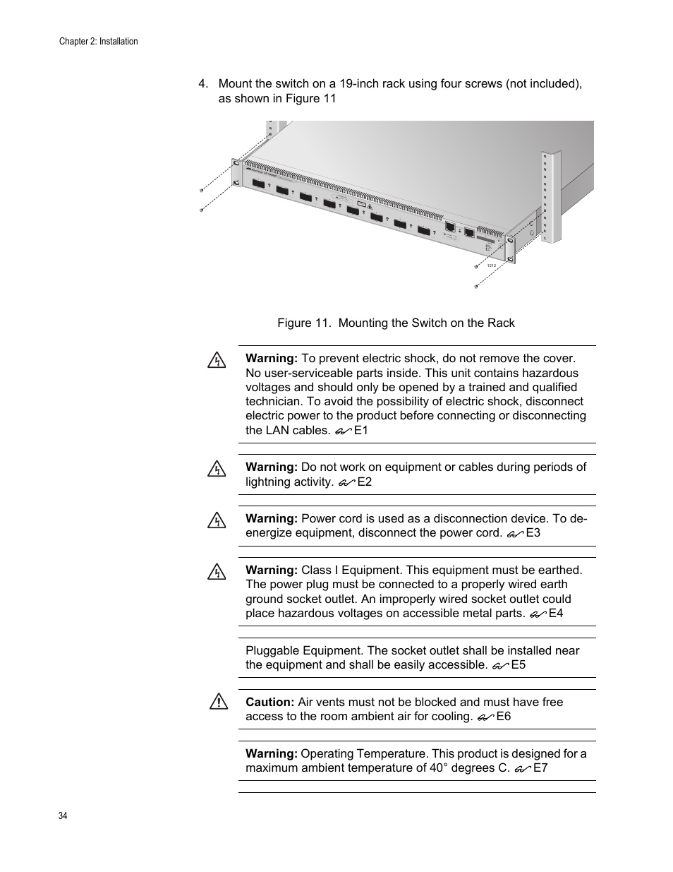 Figure 11. mounting the switch on the rack | Allied Telesis AT-10408XP User Manual | Page 34 / 50