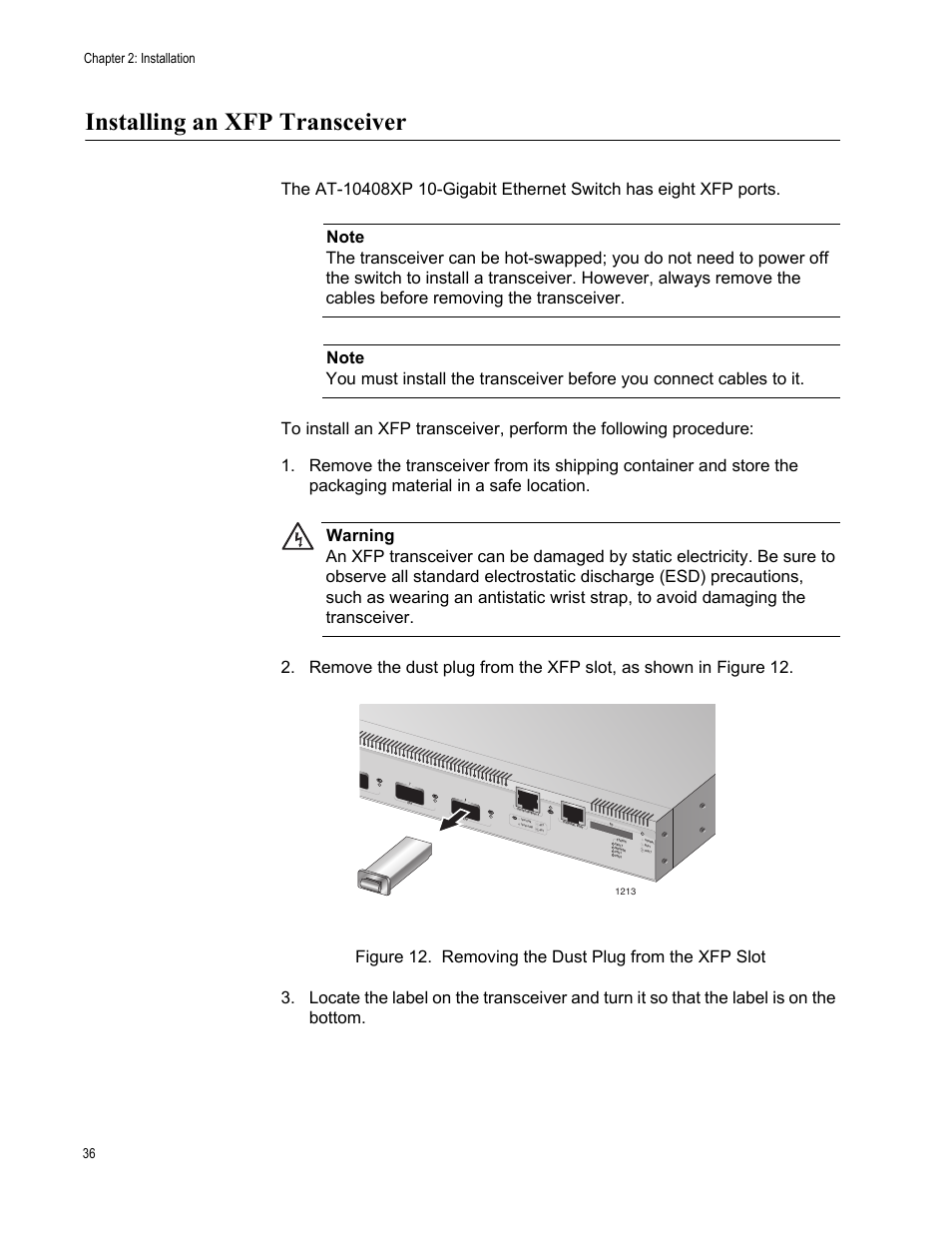 Installing an xfp transceiver, Chapter 2: installation 36 | Allied Telesis AT-10408XP User Manual | Page 36 / 50