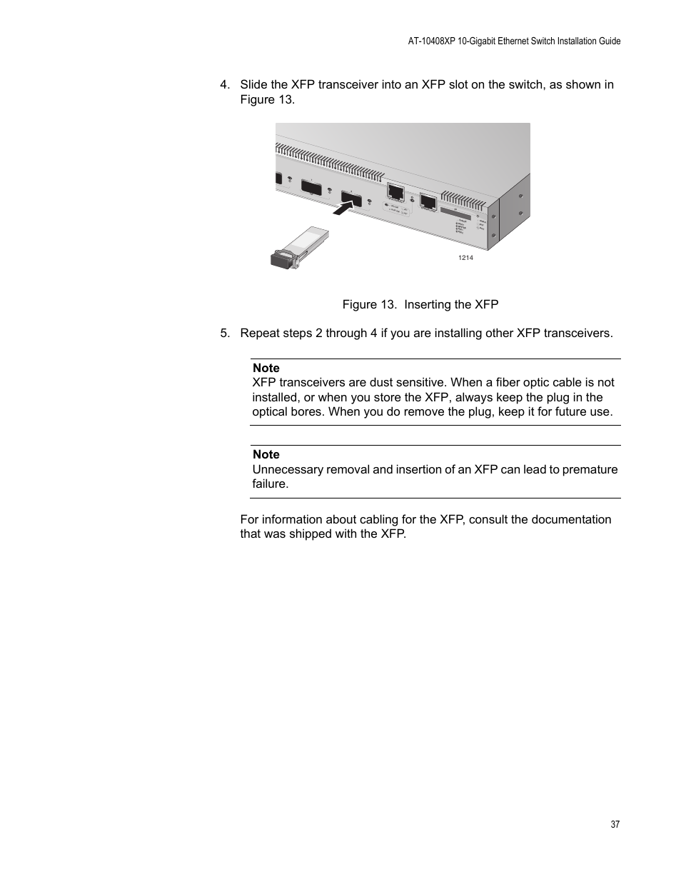 Figure 13. inserting the xfp | Allied Telesis AT-10408XP User Manual | Page 37 / 50