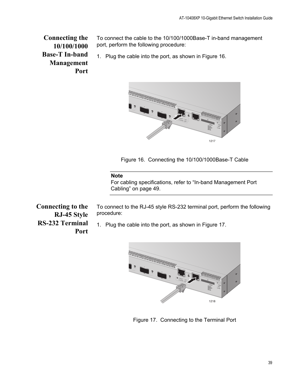 Connecting to the rj-45 style rs-232 terminal port | Allied Telesis AT-10408XP User Manual | Page 39 / 50