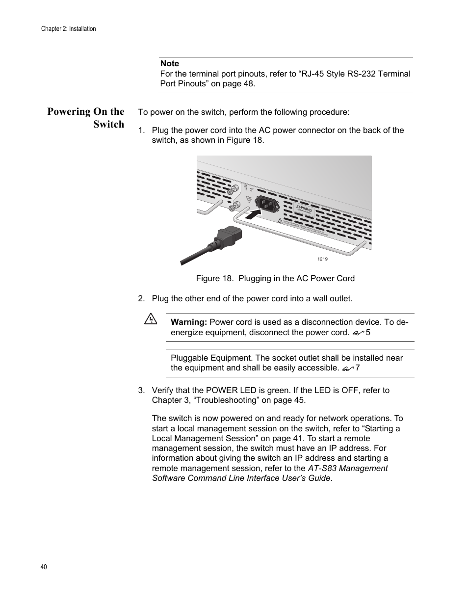 Powering on the switch, Figure 18. plugging in the ac power cord, Chapter 2: installation 40 | Allied Telesis AT-10408XP User Manual | Page 40 / 50