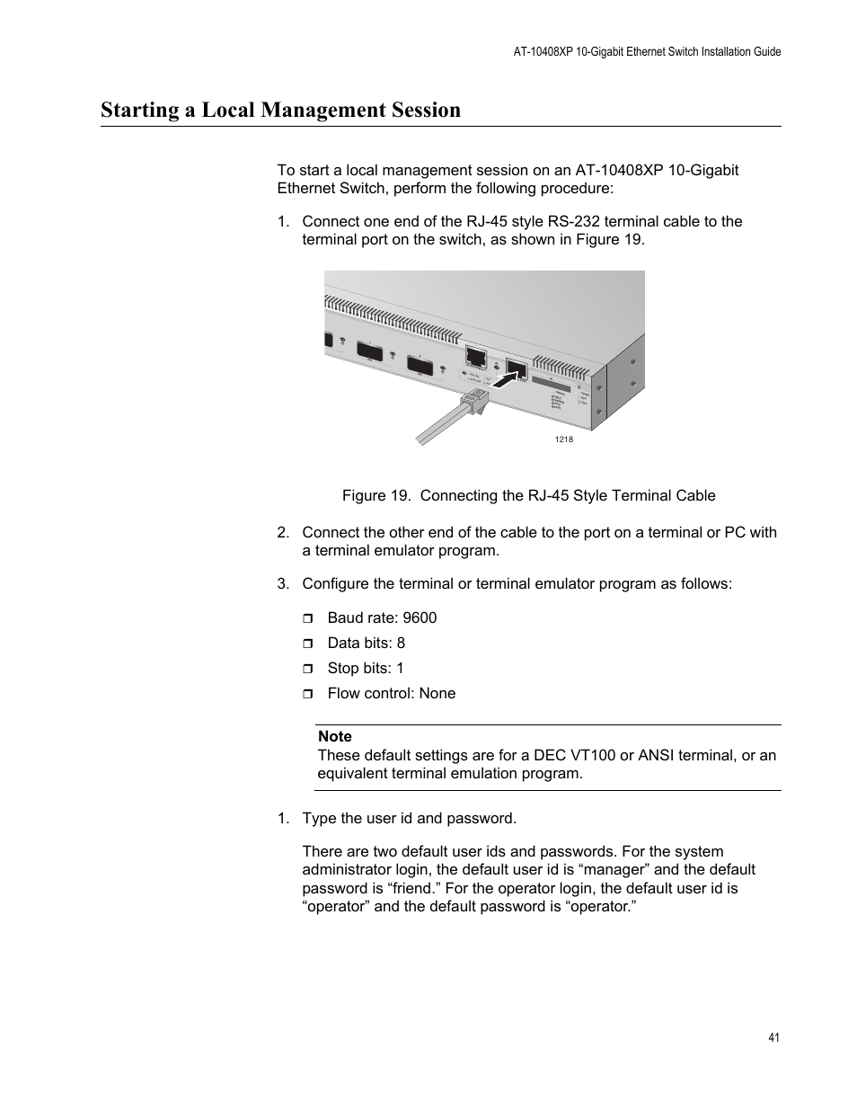 Starting a local management session, Baud rate: 9600, Data bits: 8 | Stop bits: 1 | Allied Telesis AT-10408XP User Manual | Page 41 / 50