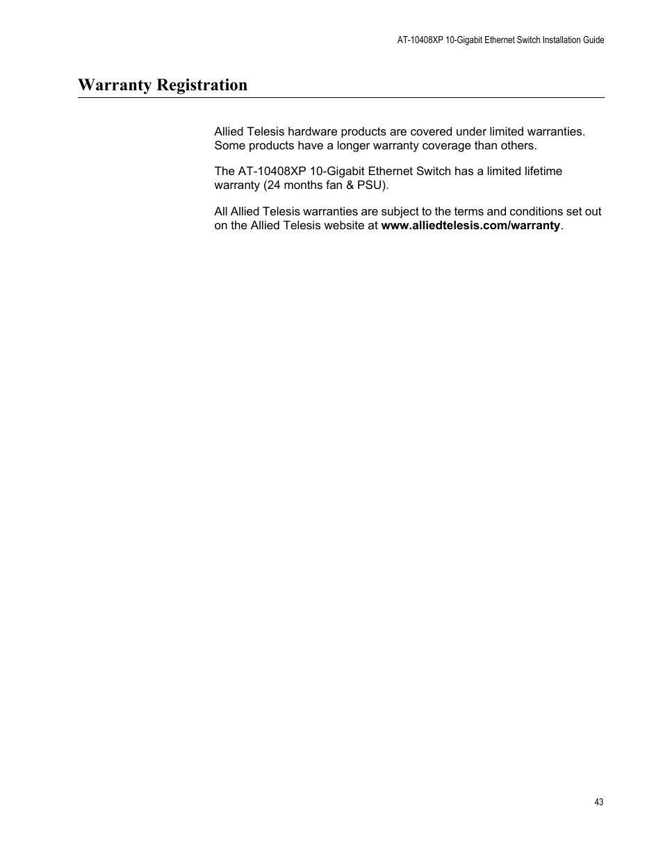 Warranty registration | Allied Telesis AT-10408XP User Manual | Page 43 / 50
