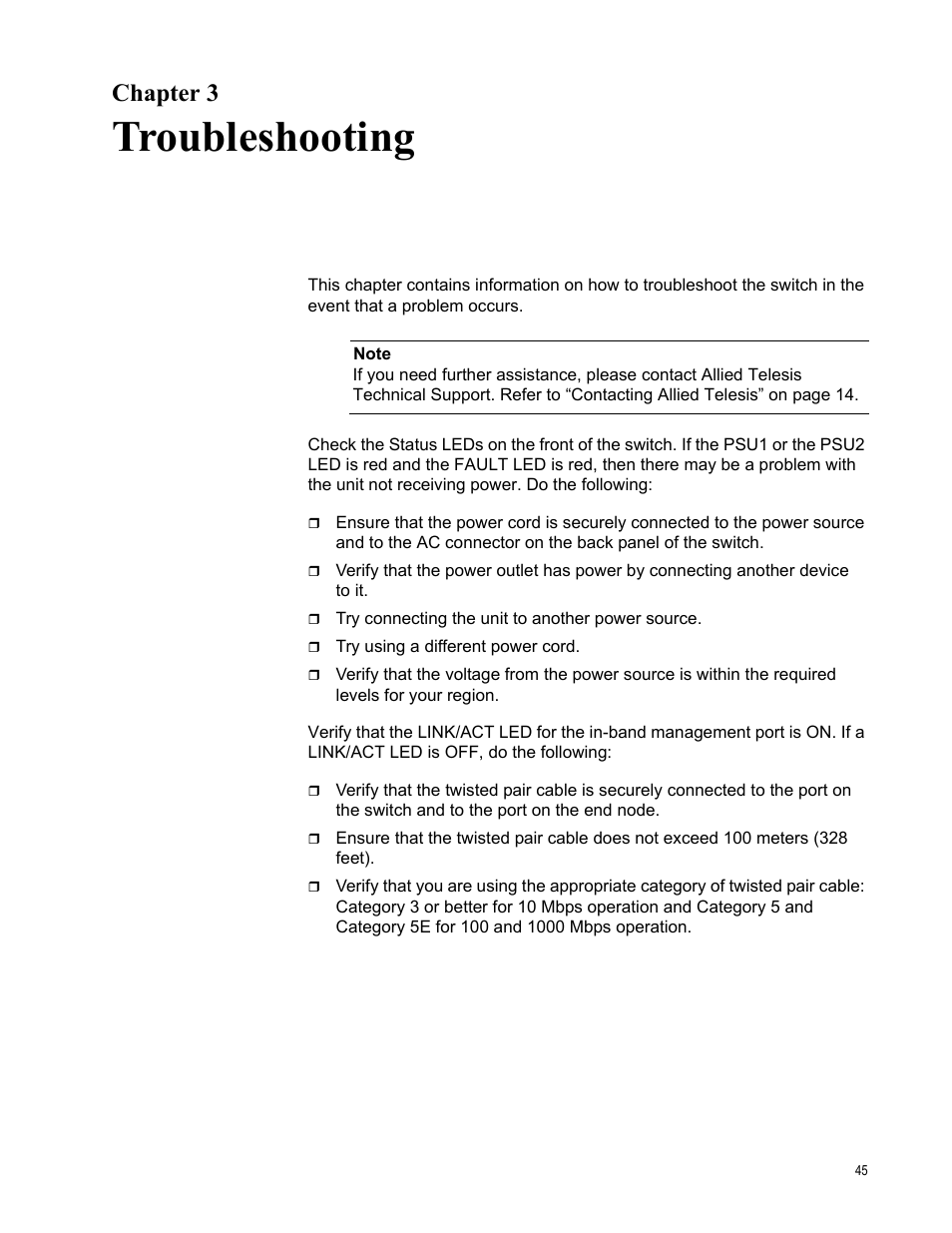 Chapter 3, Troubleshooting, R 3: troubleshooting | Allied Telesis AT-10408XP User Manual | Page 45 / 50