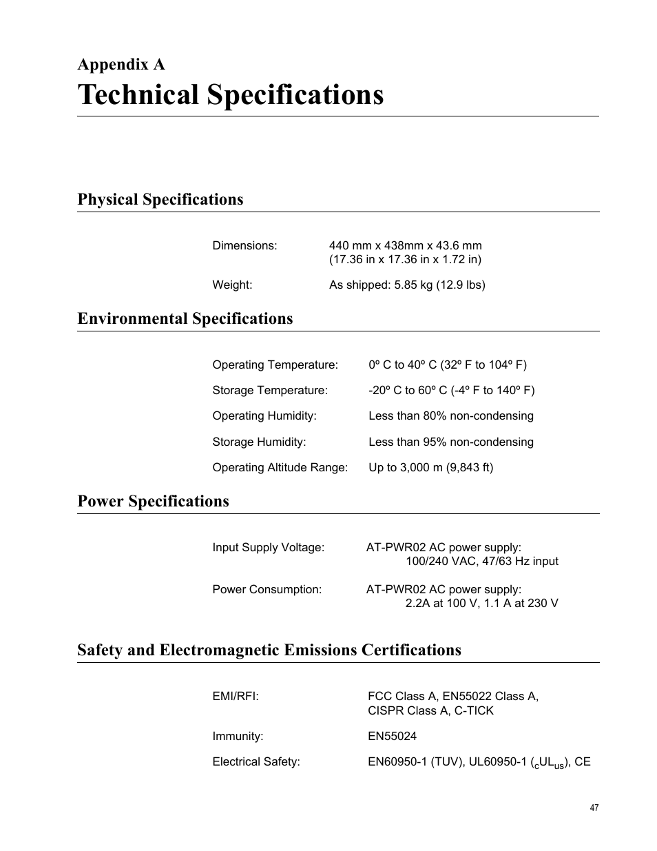 Appendix a, Technical specifications, Physical specifications | Environmental specifications, Power specifications, Appendix a: technical specifications | Allied Telesis AT-10408XP User Manual | Page 47 / 50