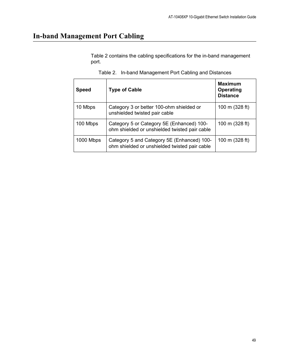 In-band management port cabling, In-band management port cabling and distances | Allied Telesis AT-10408XP User Manual | Page 49 / 50