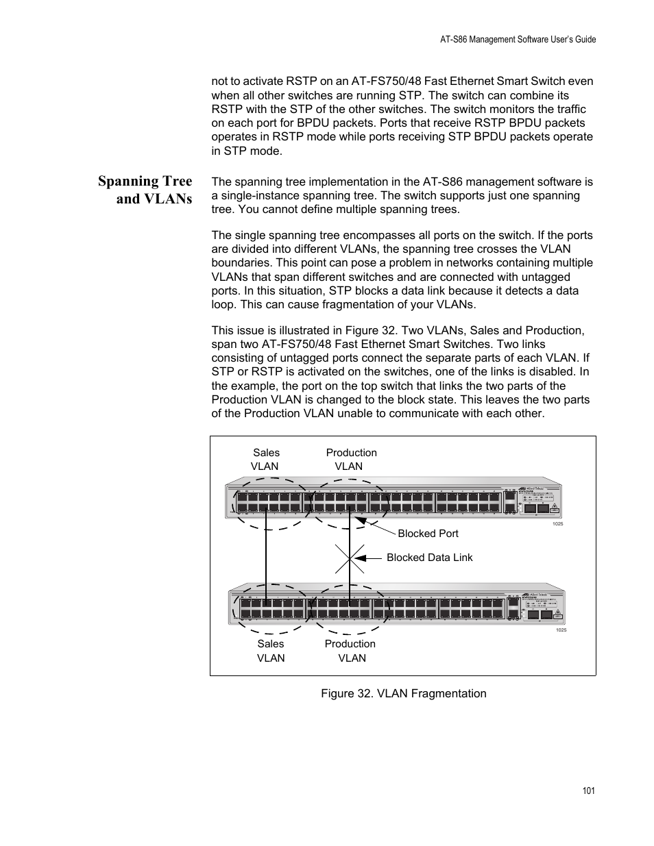 Spanning tree and vlans | Allied Telesis AT-S86 User Manual | Page 101 / 148