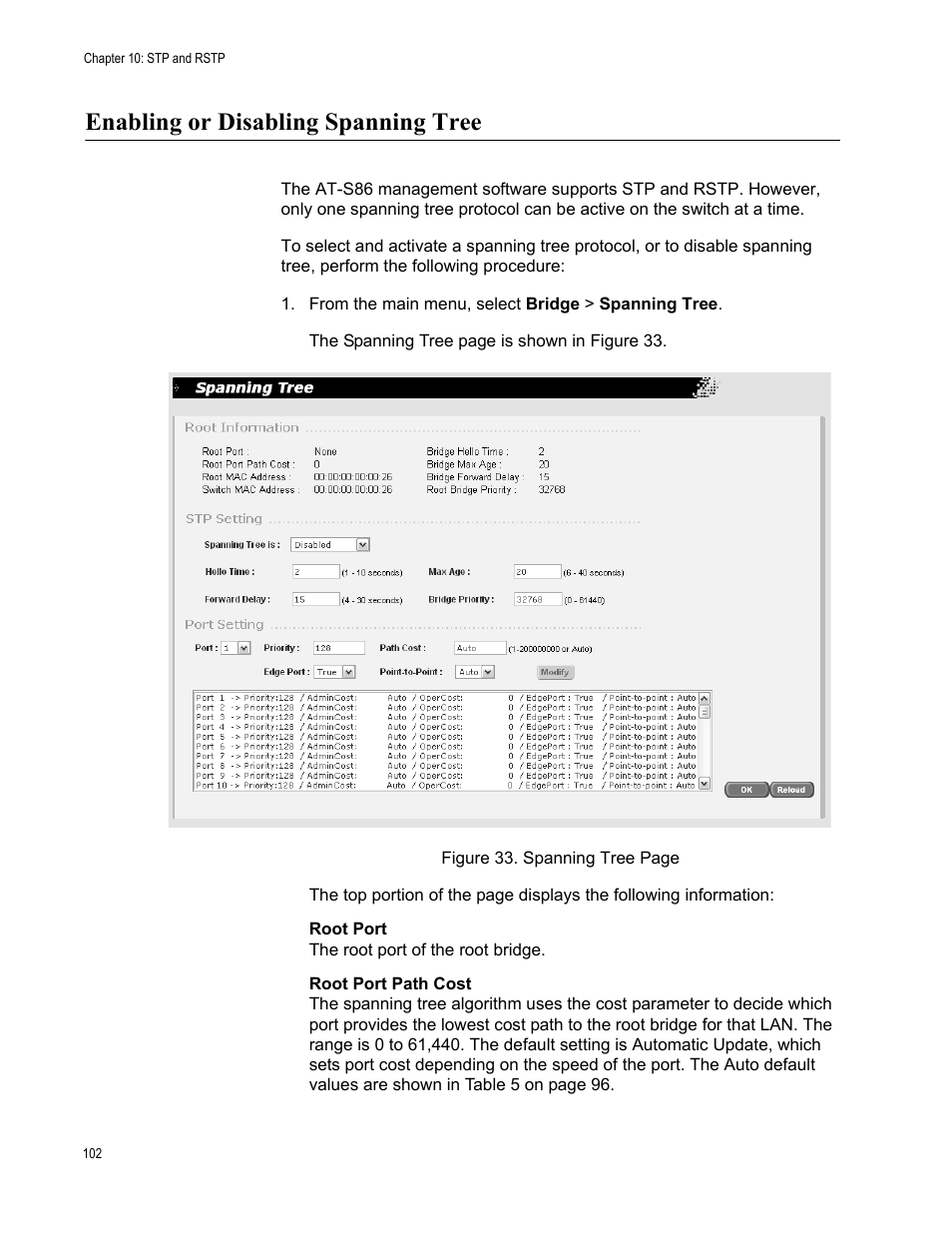 Enabling or disabling spanning tree, From the main menu, select bridge > spanning tree | Allied Telesis AT-S86 User Manual | Page 102 / 148