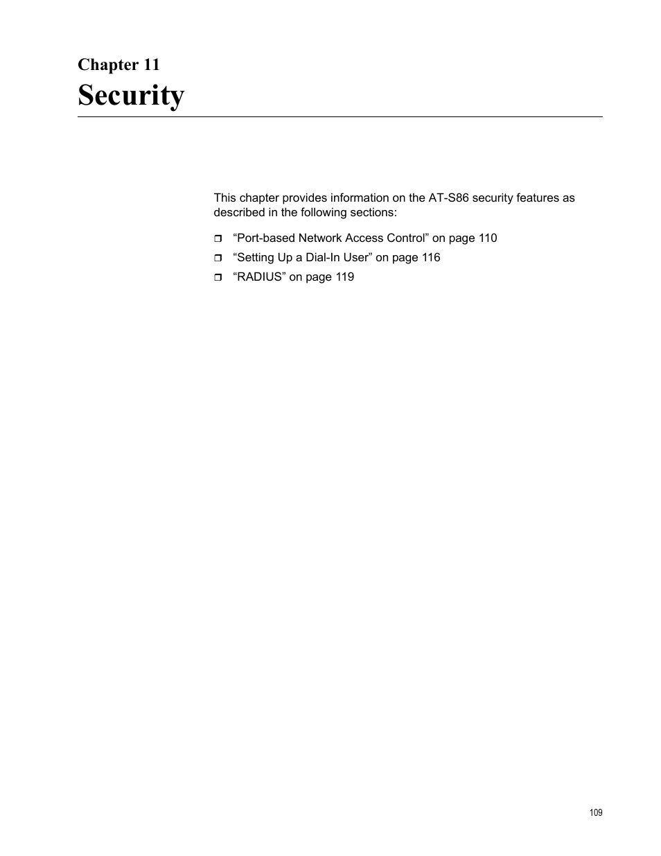 Chapter 11, Security | Allied Telesis AT-S86 User Manual | Page 109 / 148