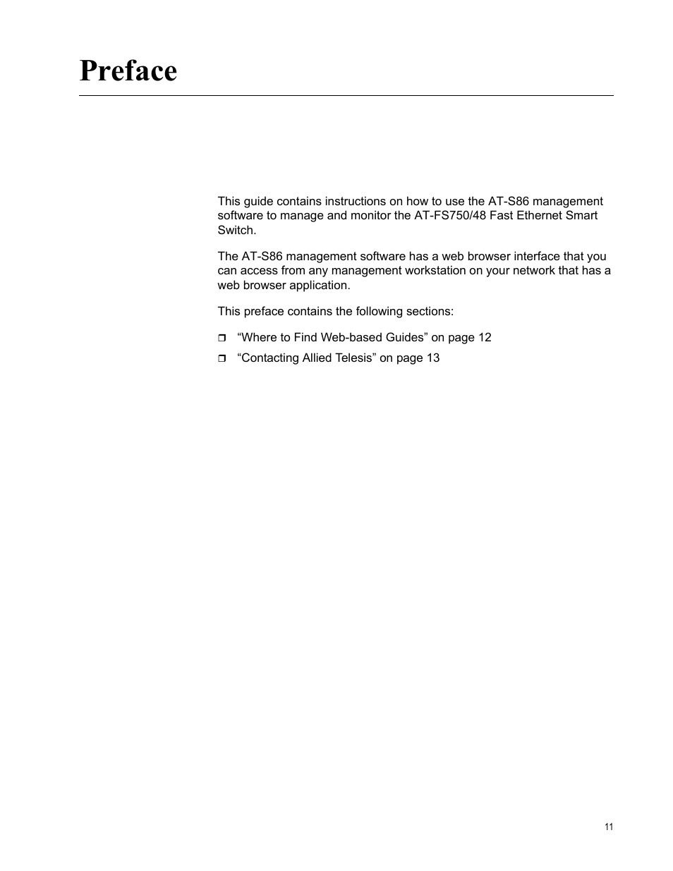 Preface | Allied Telesis AT-S86 User Manual | Page 11 / 148