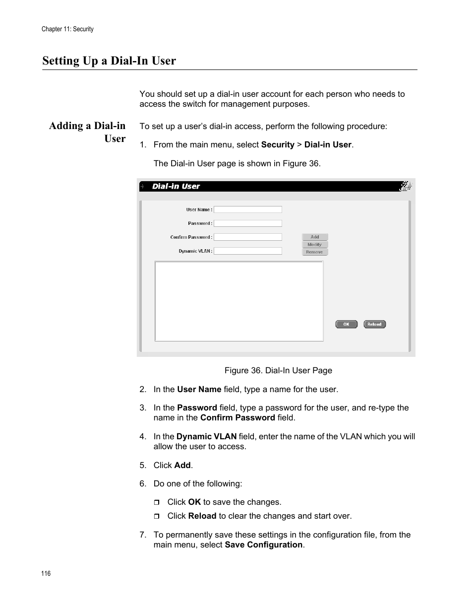 Setting up a dial-in user, Adding a dial-in user, From the main menu, select security > dial-in user | Allied Telesis AT-S86 User Manual | Page 116 / 148