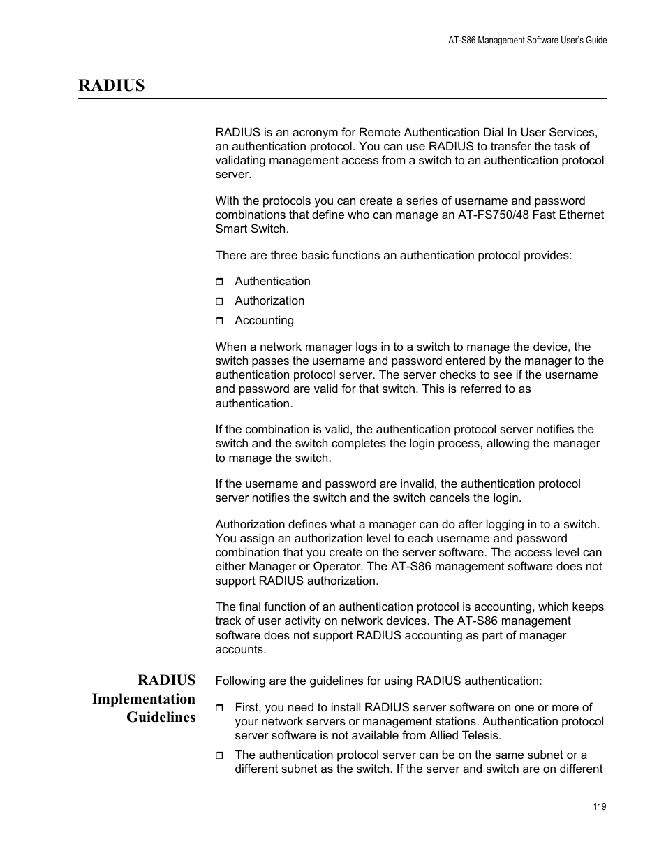 Radius, Radius implementation guidelines | Allied Telesis AT-S86 User Manual | Page 119 / 148