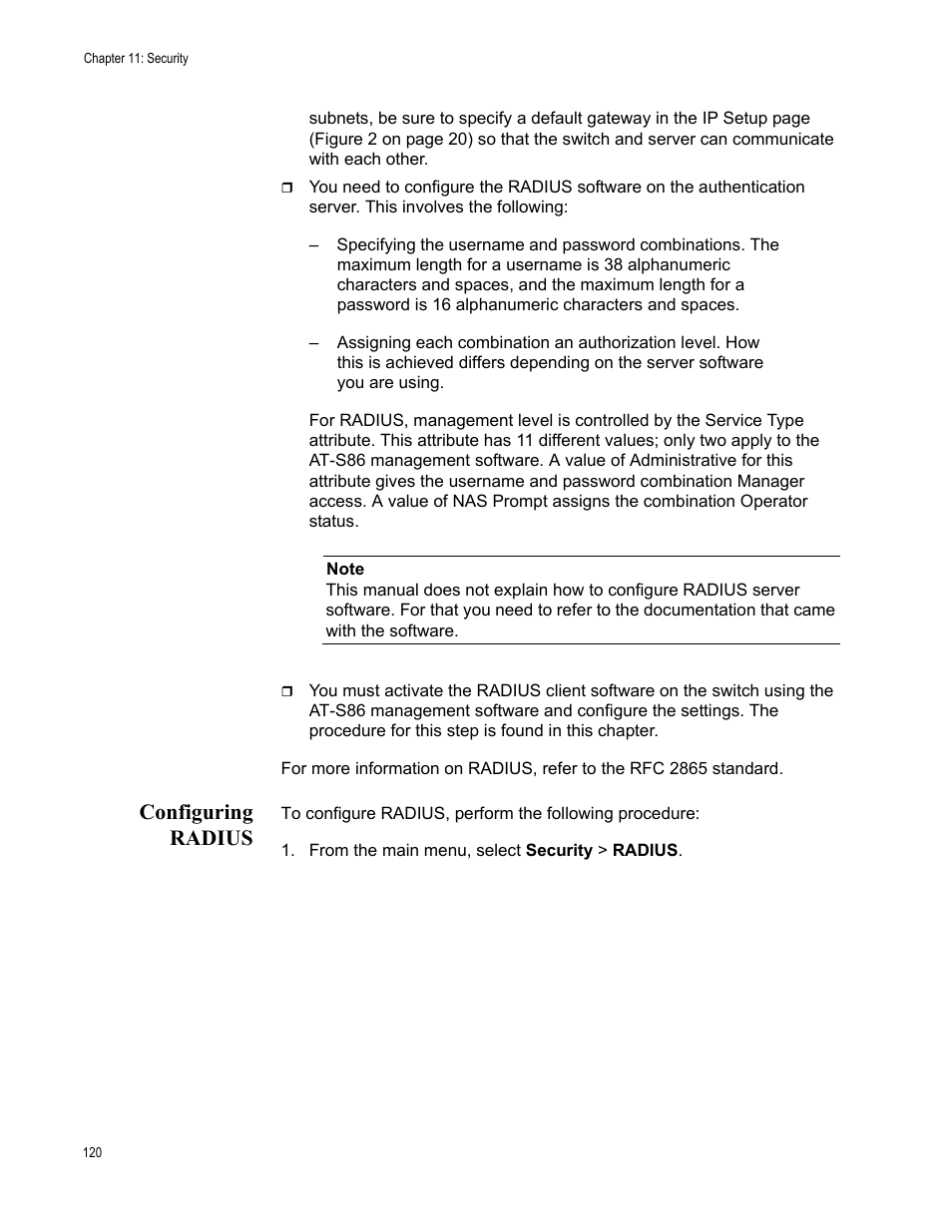 Configuring radius, From the main menu, select security > radius | Allied Telesis AT-S86 User Manual | Page 120 / 148