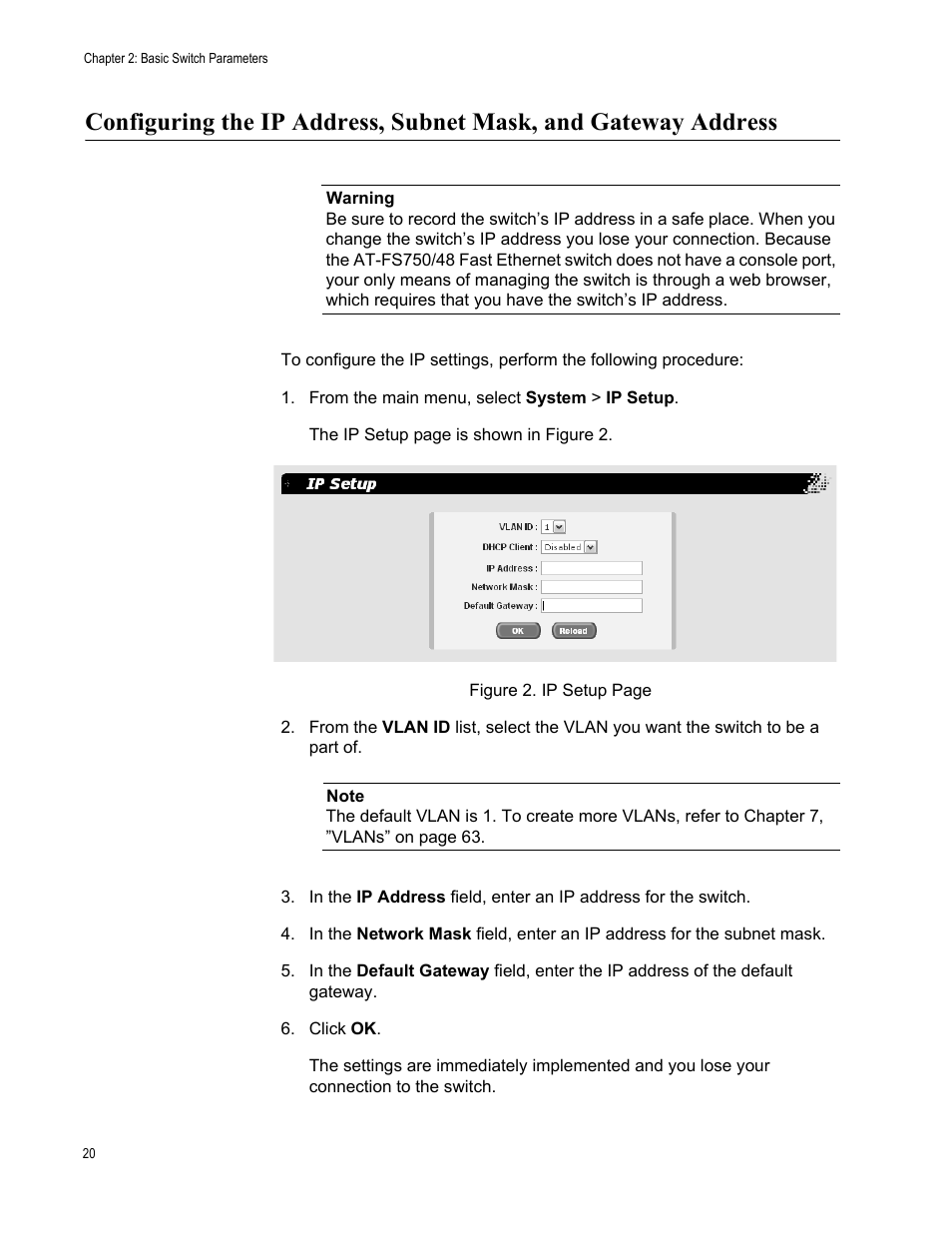 From the main menu, select system > ip setup | Allied Telesis AT-S86 User Manual | Page 20 / 148
