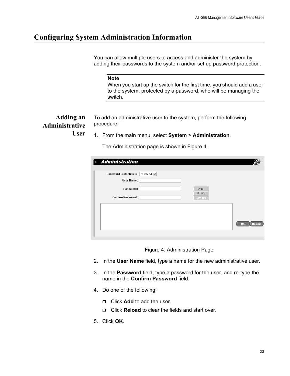 Configuring system administration information, Adding an administrative user, From the main menu, select system > administration | Allied Telesis AT-S86 User Manual | Page 23 / 148