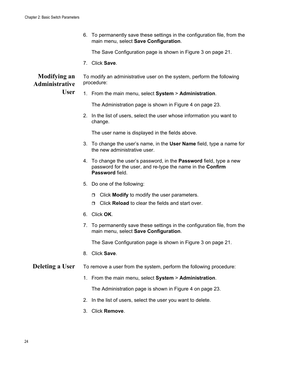 Modifying an administrative user, From the main menu, select system > administration, Deleting a user | Modifying an administrative user deleting a user | Allied Telesis AT-S86 User Manual | Page 24 / 148