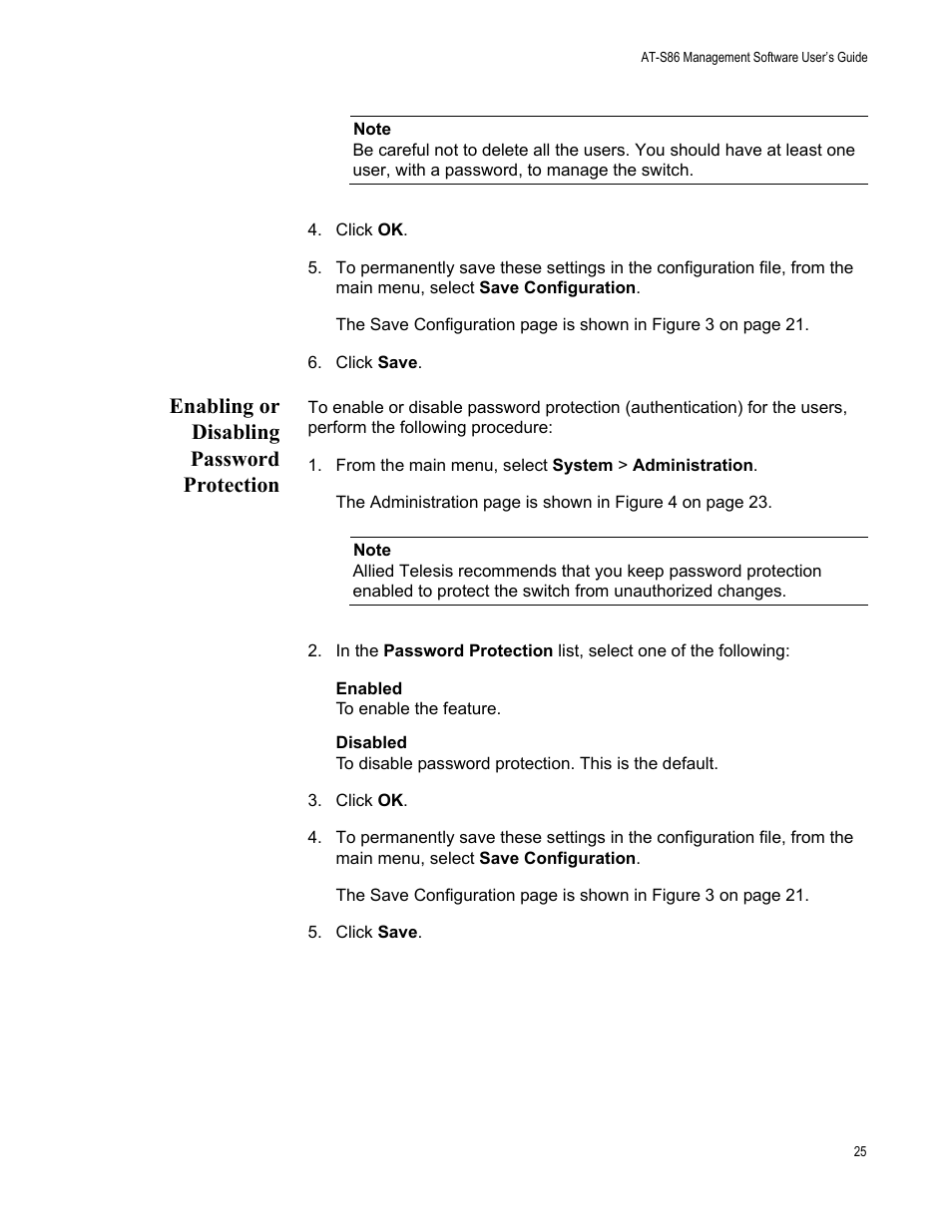 Enabling or disabling password protection, From the main menu, select system > administration | Allied Telesis AT-S86 User Manual | Page 25 / 148