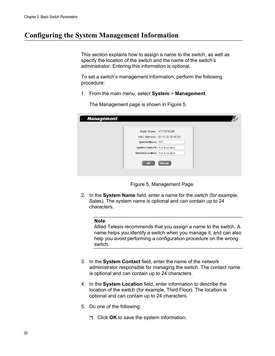 Configuring the system management information, From the main menu, select system > management | Allied Telesis AT-S86 User Manual | Page 26 / 148