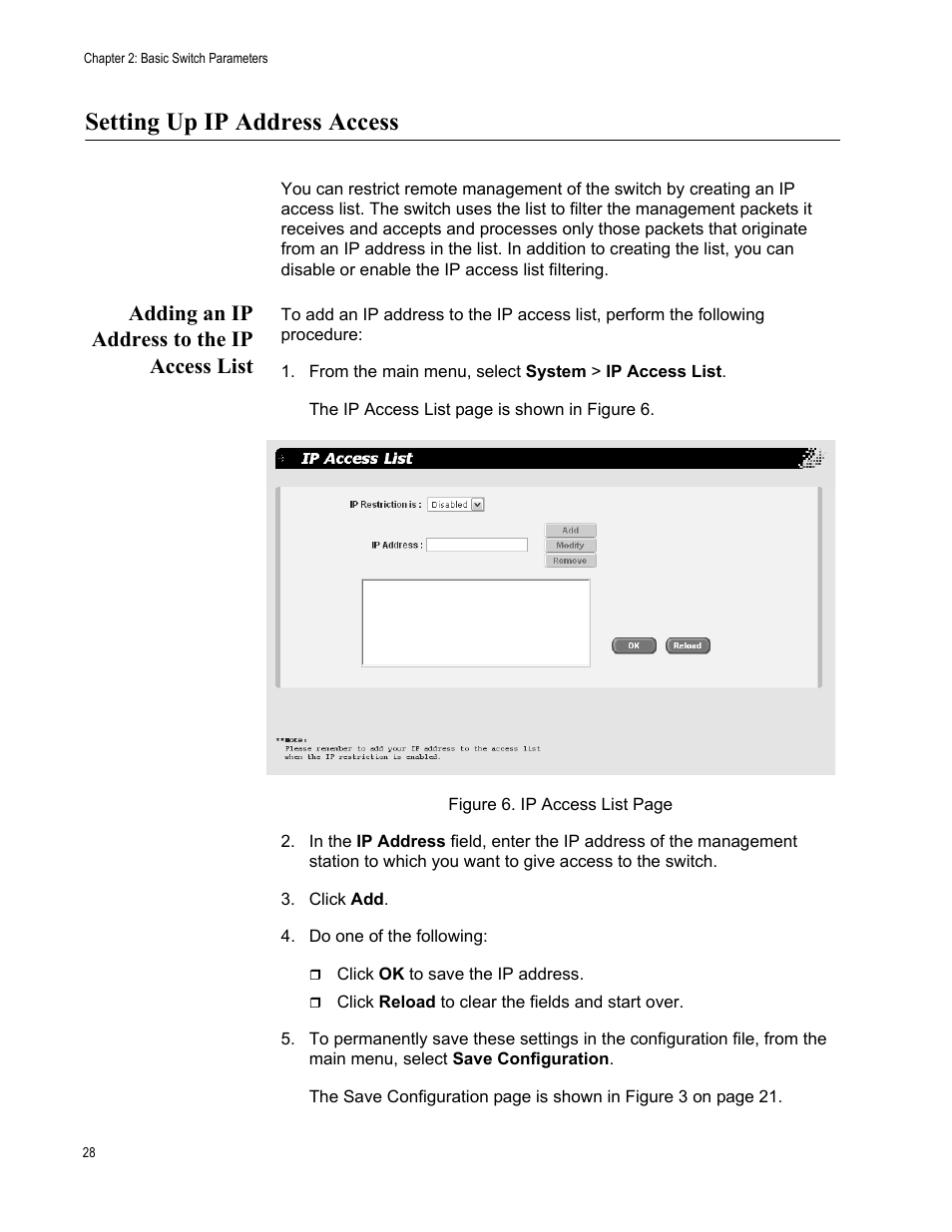 Setting up ip address access, Adding an ip address to the ip access list, From the main menu, select system > ip access list | Allied Telesis AT-S86 User Manual | Page 28 / 148