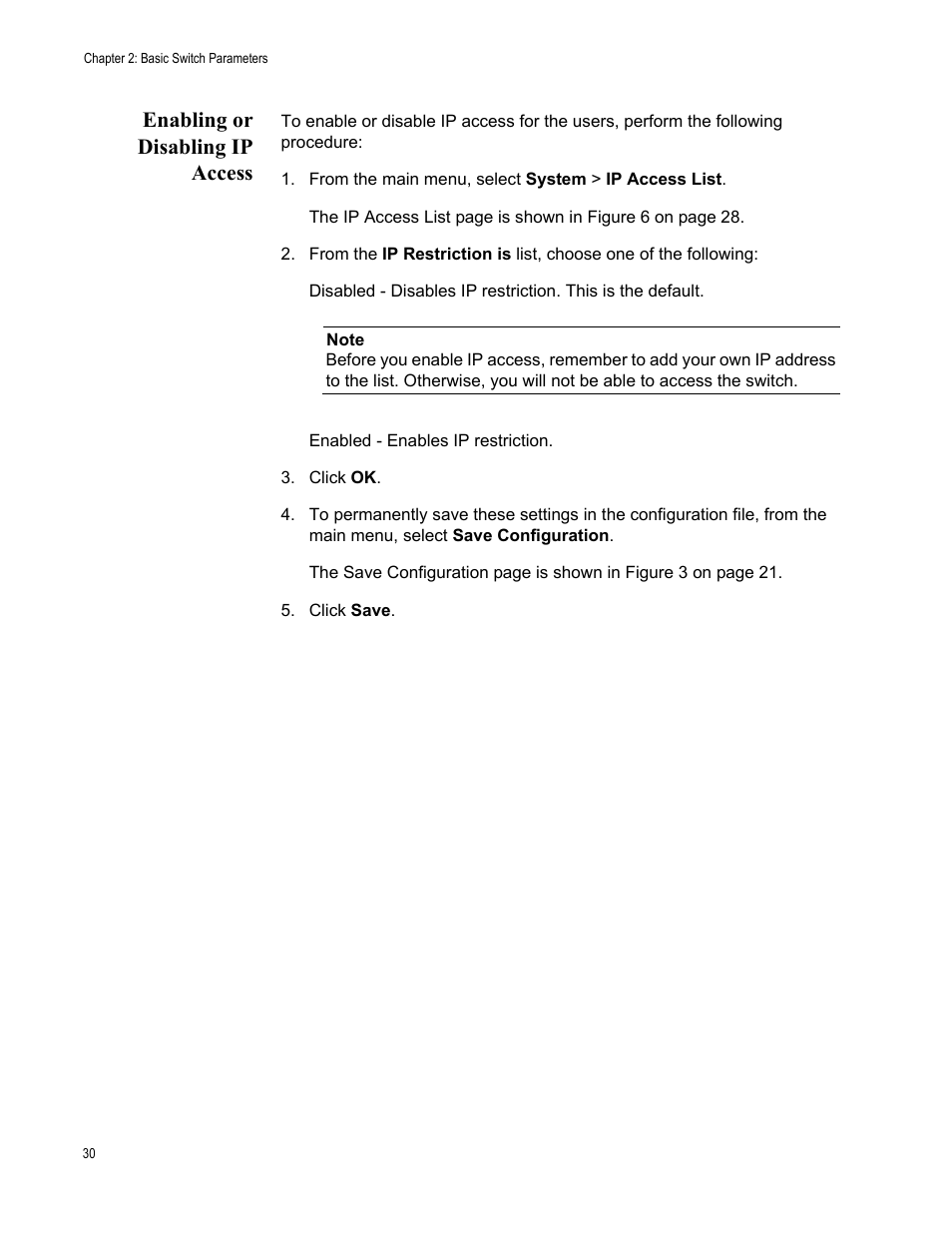 Enabling or disabling ip access, From the main menu, select system > ip access list | Allied Telesis AT-S86 User Manual | Page 30 / 148