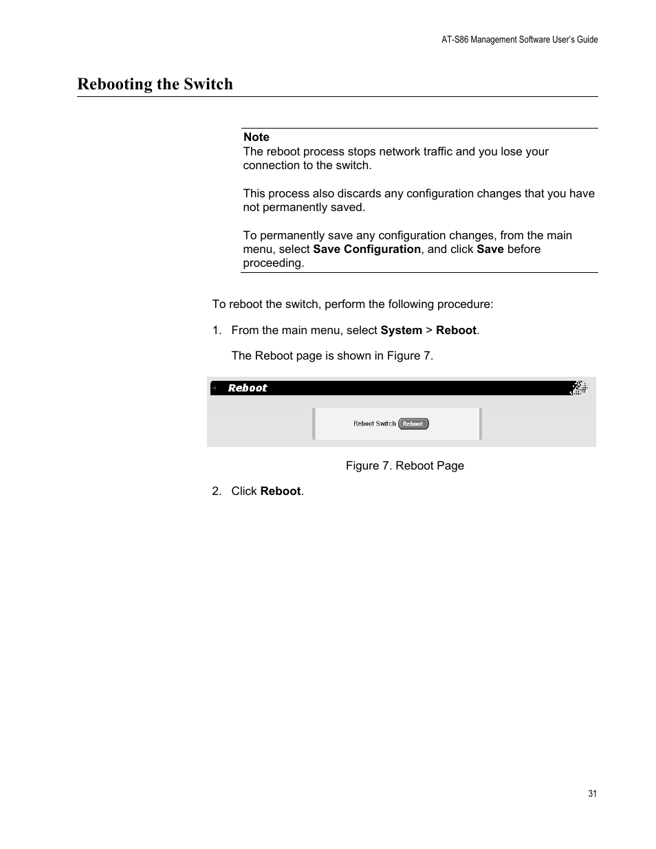 Rebooting the switch, From the main menu, select system > reboot | Allied Telesis AT-S86 User Manual | Page 31 / 148