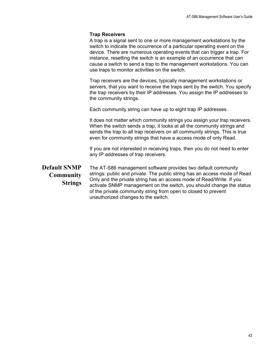 Default snmp community strings | Allied Telesis AT-S86 User Manual | Page 43 / 148