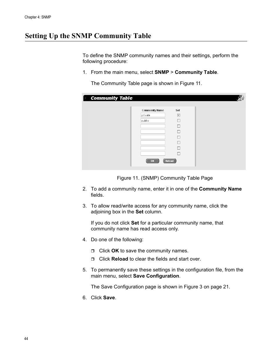 Setting up the snmp community table, From the main menu, select snmp > community table | Allied Telesis AT-S86 User Manual | Page 44 / 148