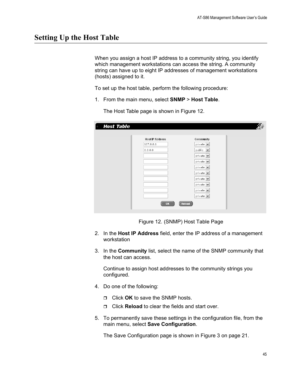 Setting up the host table, From the main menu, select snmp > host table | Allied Telesis AT-S86 User Manual | Page 45 / 148