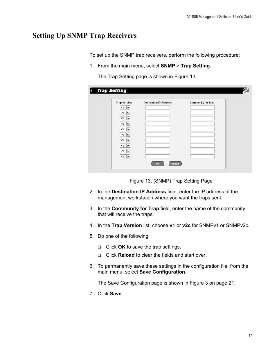 Setting up snmp trap receivers, From the main menu, select snmp > trap setting | Allied Telesis AT-S86 User Manual | Page 47 / 148