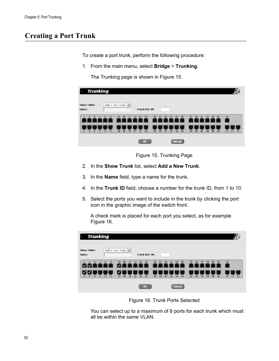 Creating a port trunk, From the main menu, select bridge > trunking | Allied Telesis AT-S86 User Manual | Page 52 / 148