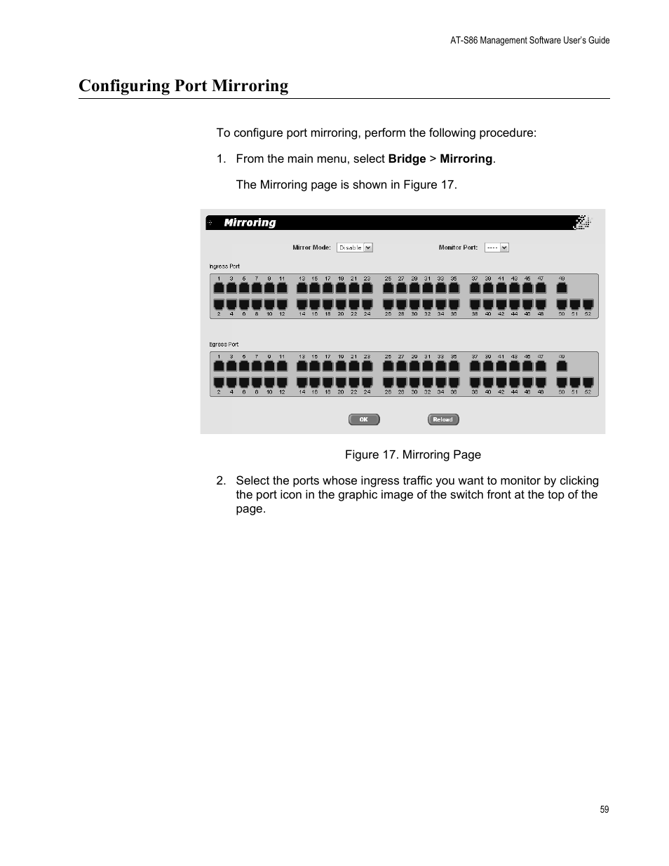 Configuring port mirroring, From the main menu, select bridge > mirroring | Allied Telesis AT-S86 User Manual | Page 59 / 148