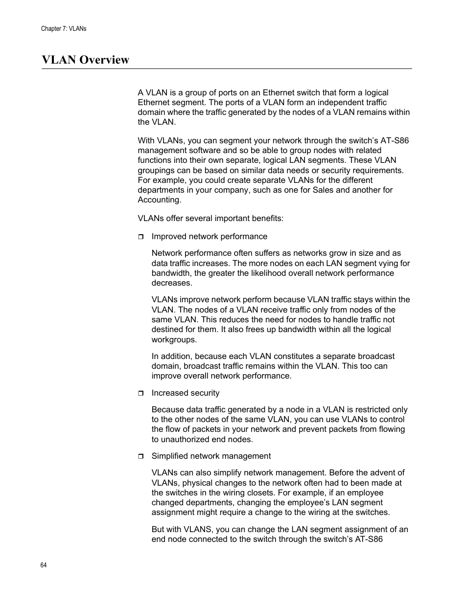 Vlan overview | Allied Telesis AT-S86 User Manual | Page 64 / 148