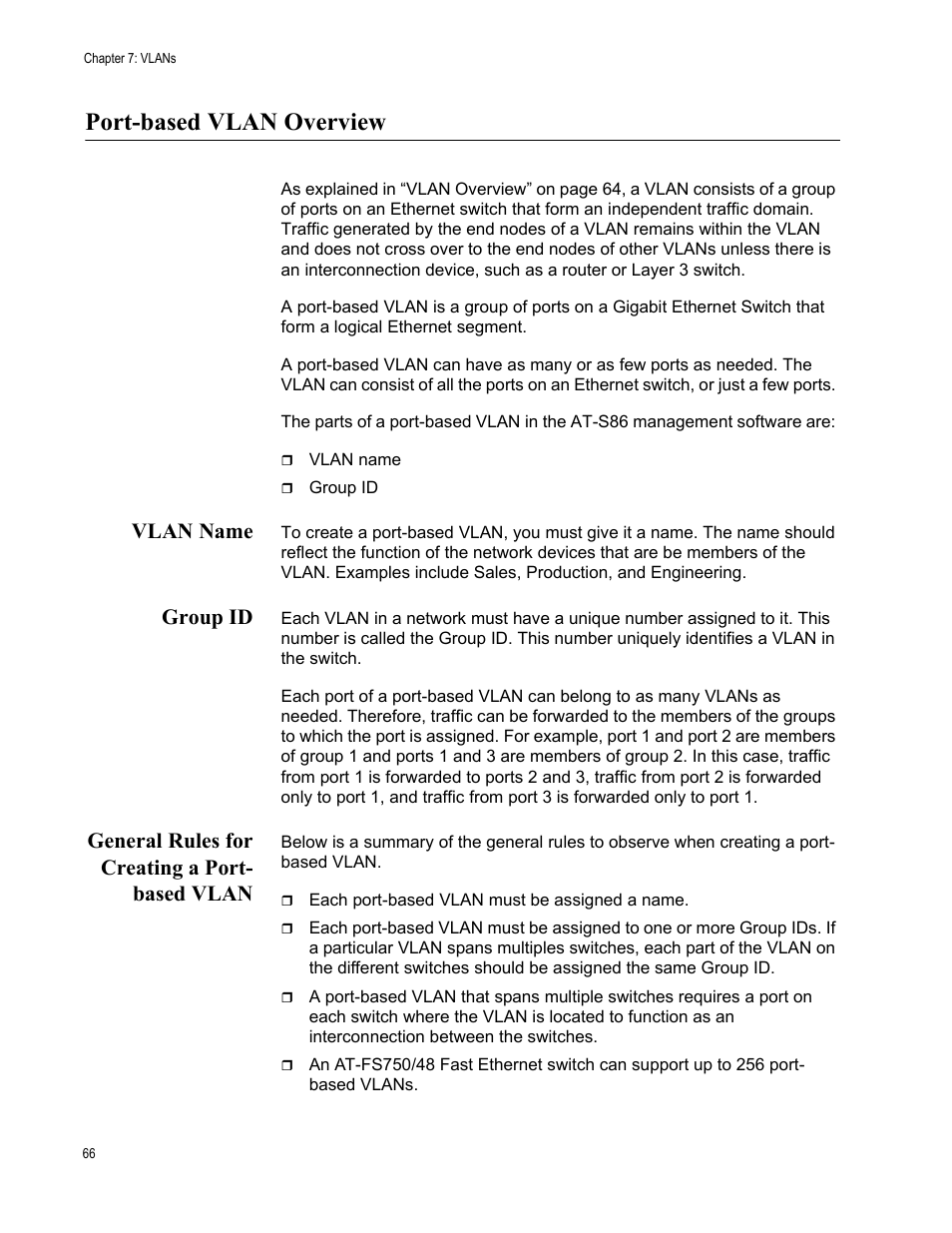 Port-based vlan overview, Vlan name, Group id | General rules for creating a port- based vlan | Allied Telesis AT-S86 User Manual | Page 66 / 148