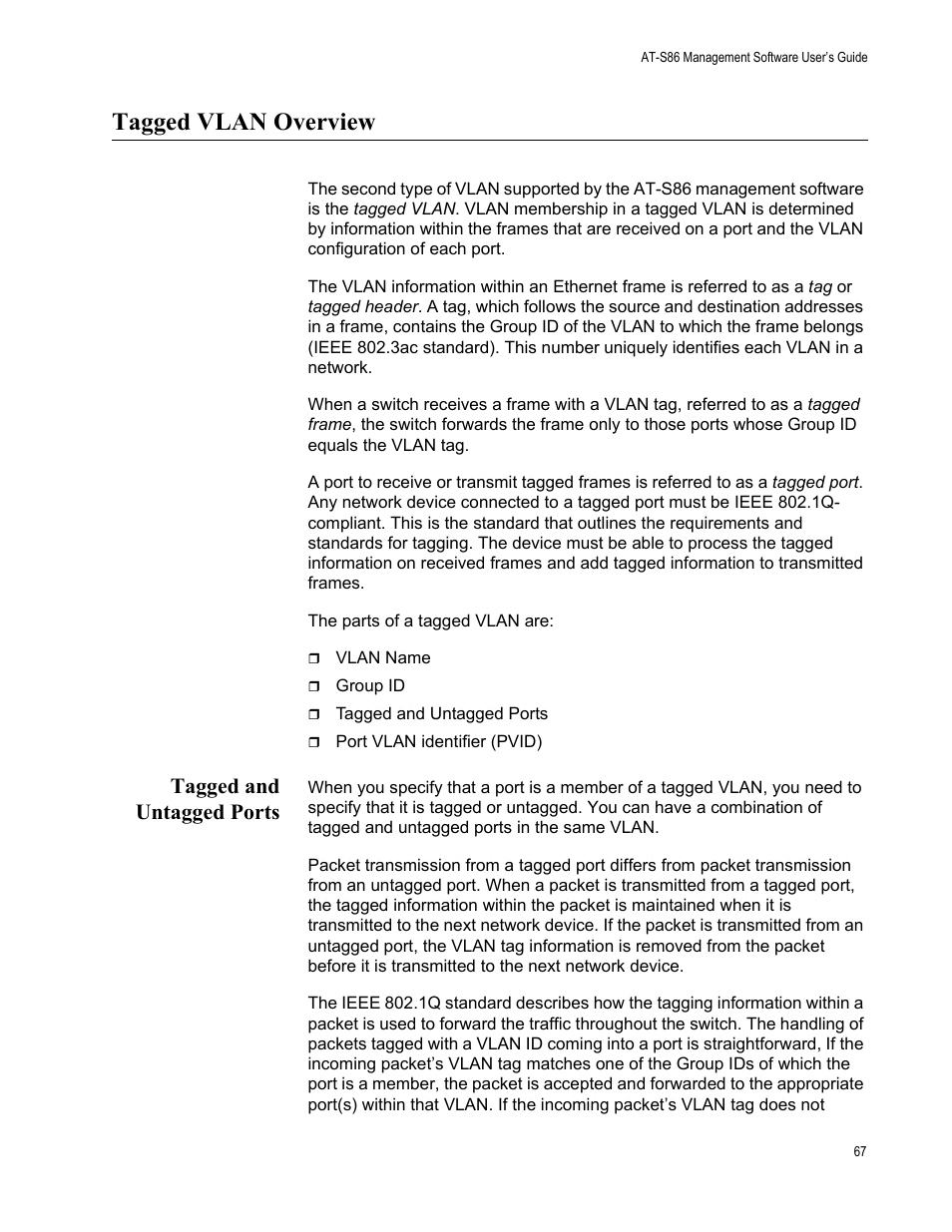 Tagged vlan overview, Tagged and untagged ports | Allied Telesis AT-S86 User Manual | Page 67 / 148