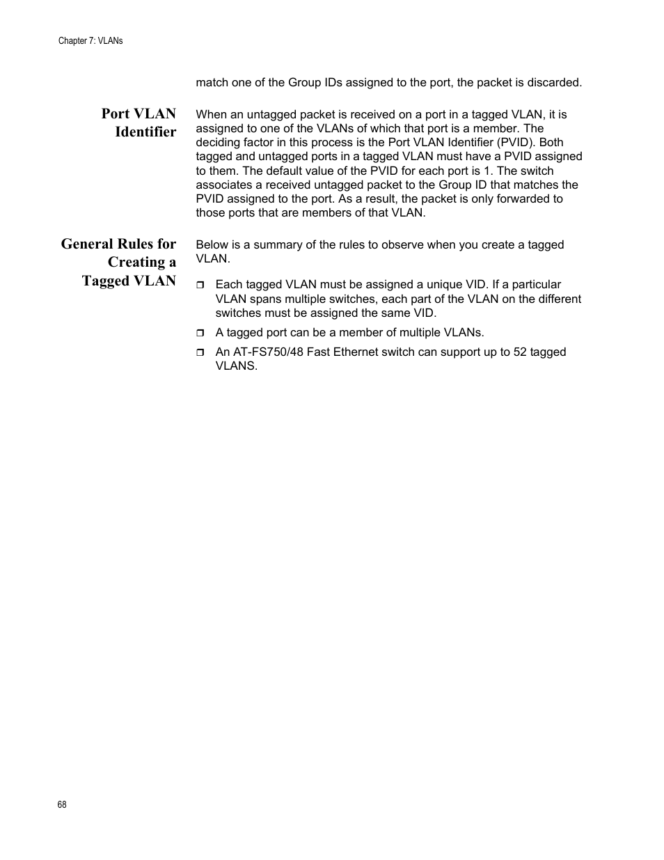 Port vlan identifier, General rules for creating a tagged vlan | Allied Telesis AT-S86 User Manual | Page 68 / 148