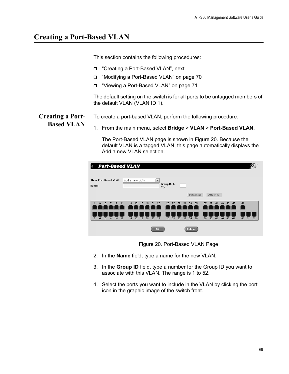 Creating a port-based vlan, Creating a port- based vlan | Allied Telesis AT-S86 User Manual | Page 69 / 148