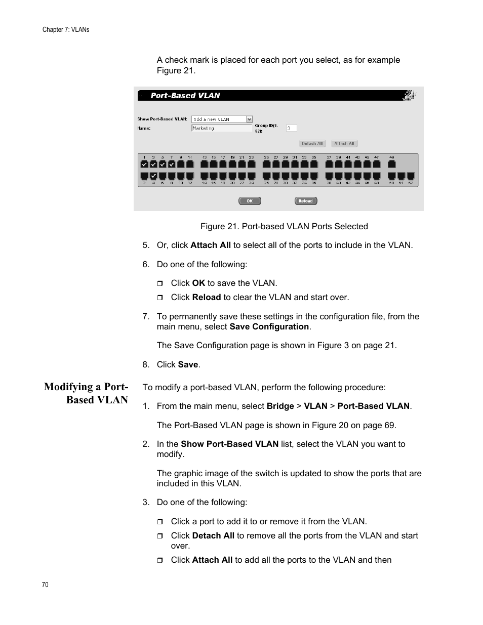 Modifying a port- based vlan, Modifying a port-based vlan | Allied Telesis AT-S86 User Manual | Page 70 / 148