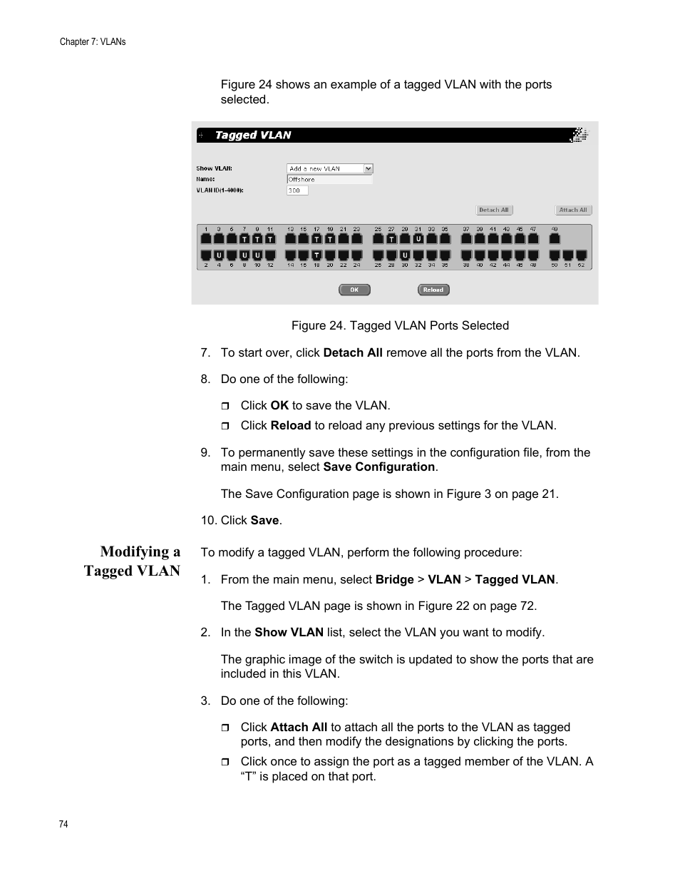 Modifying a tagged vlan | Allied Telesis AT-S86 User Manual | Page 74 / 148