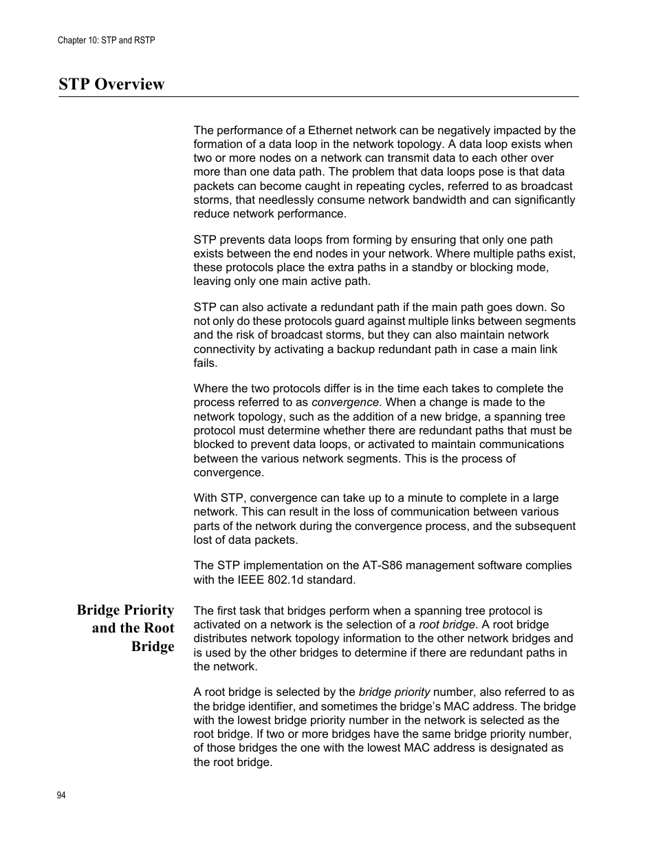 Stp overview, Bridge priority and the root bridge | Allied Telesis AT-S86 User Manual | Page 94 / 148