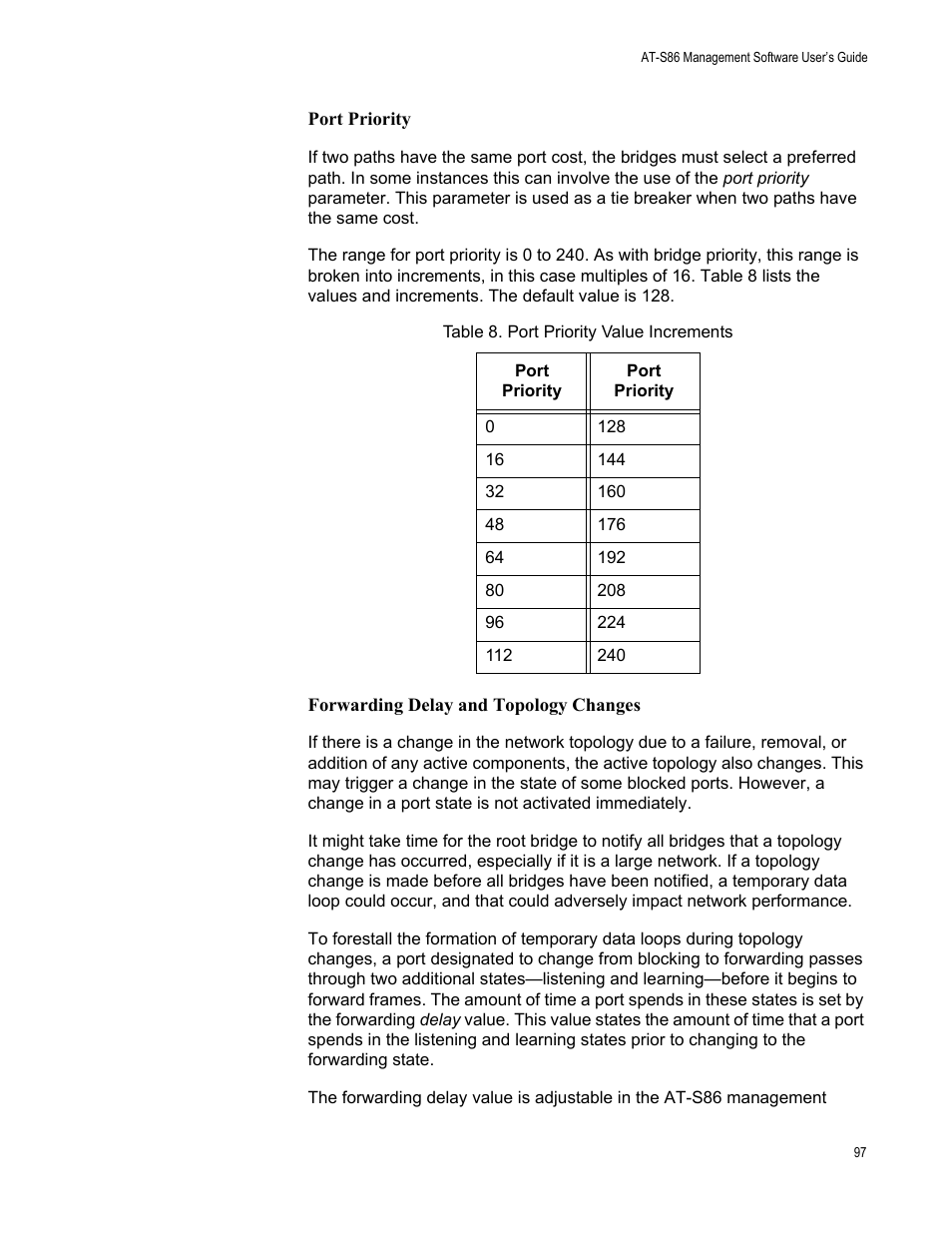 Port priority value increments | Allied Telesis AT-S86 User Manual | Page 97 / 148