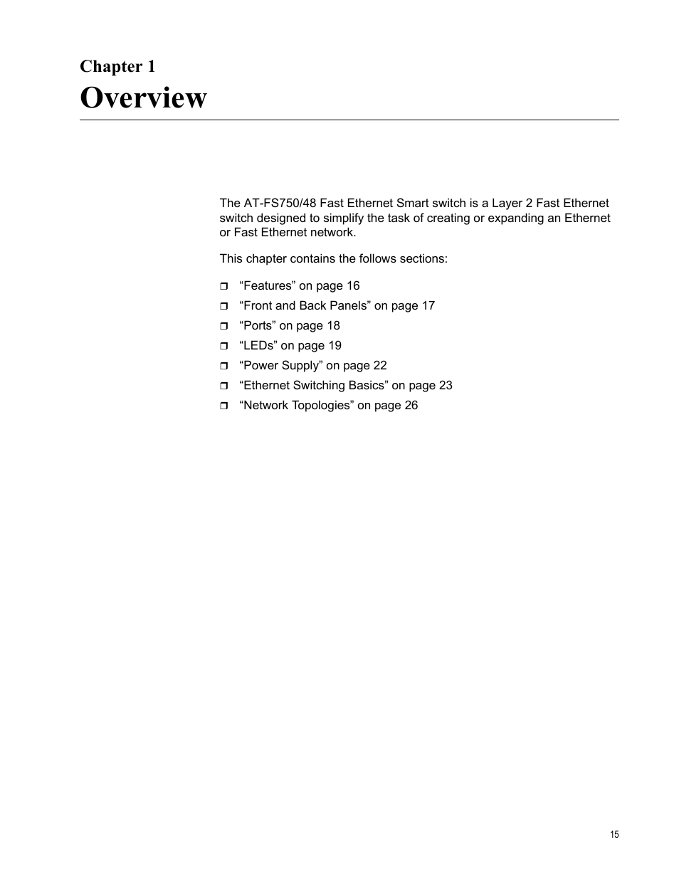 Chapter 1, Overview | Allied Telesis AT-FS750/48 User Manual | Page 15 / 50