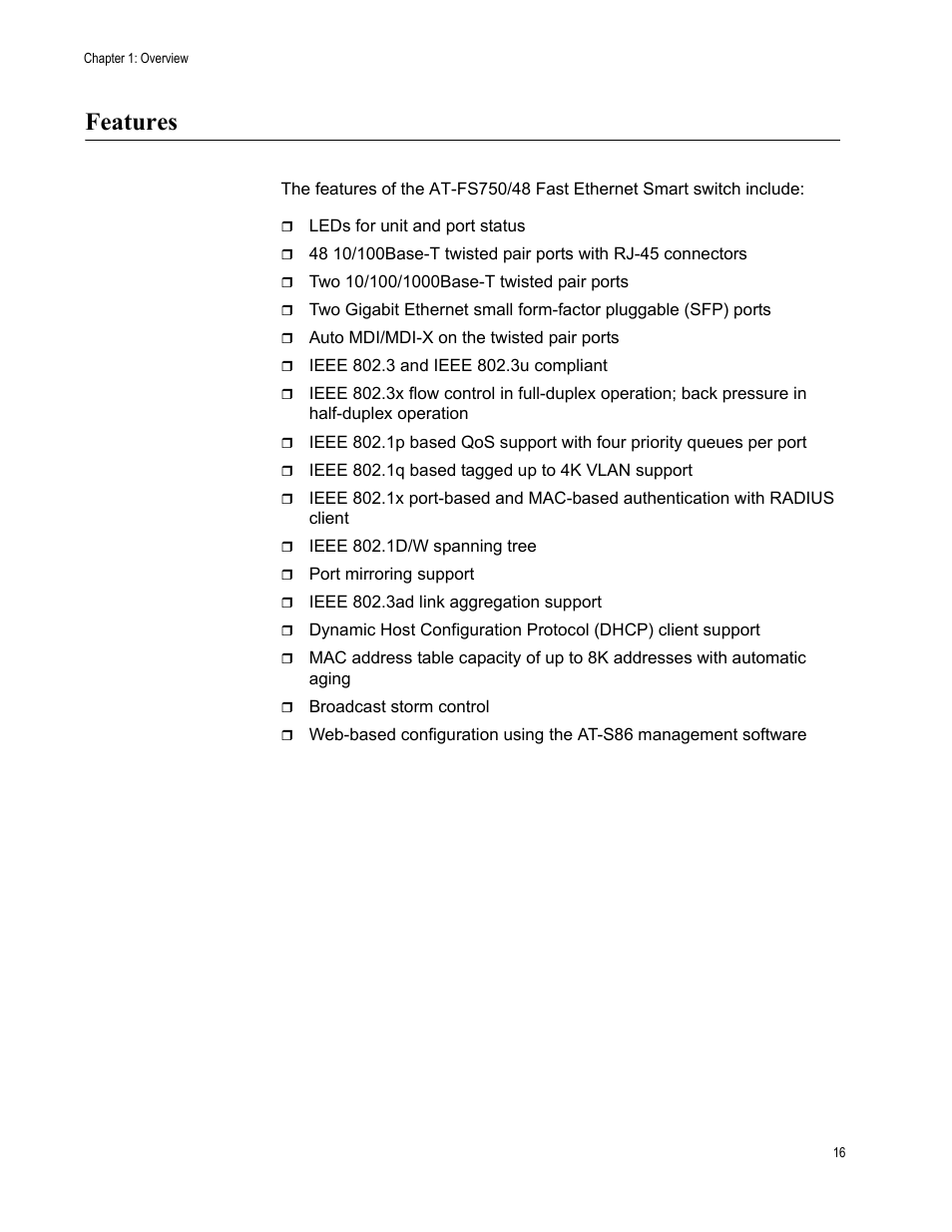Features | Allied Telesis AT-FS750/48 User Manual | Page 16 / 50