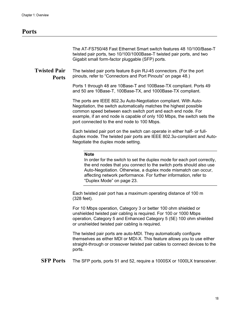 Ports, Twisted pair ports, Sfp ports | Twisted pair ports sfp ports | Allied Telesis AT-FS750/48 User Manual | Page 18 / 50