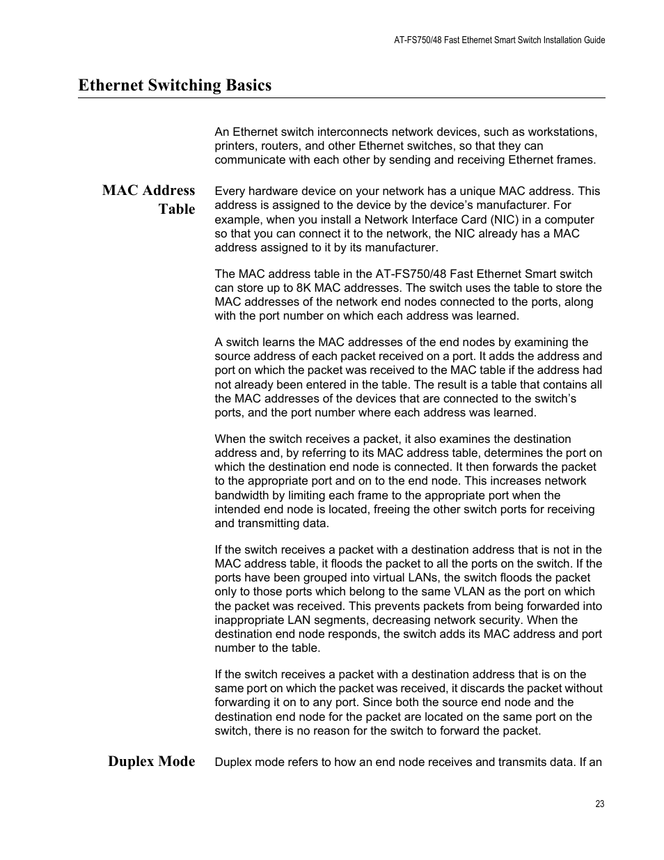 Ethernet switching basics, Mac address table, Duplex mode | Mac address table duplex mode | Allied Telesis AT-FS750/48 User Manual | Page 23 / 50