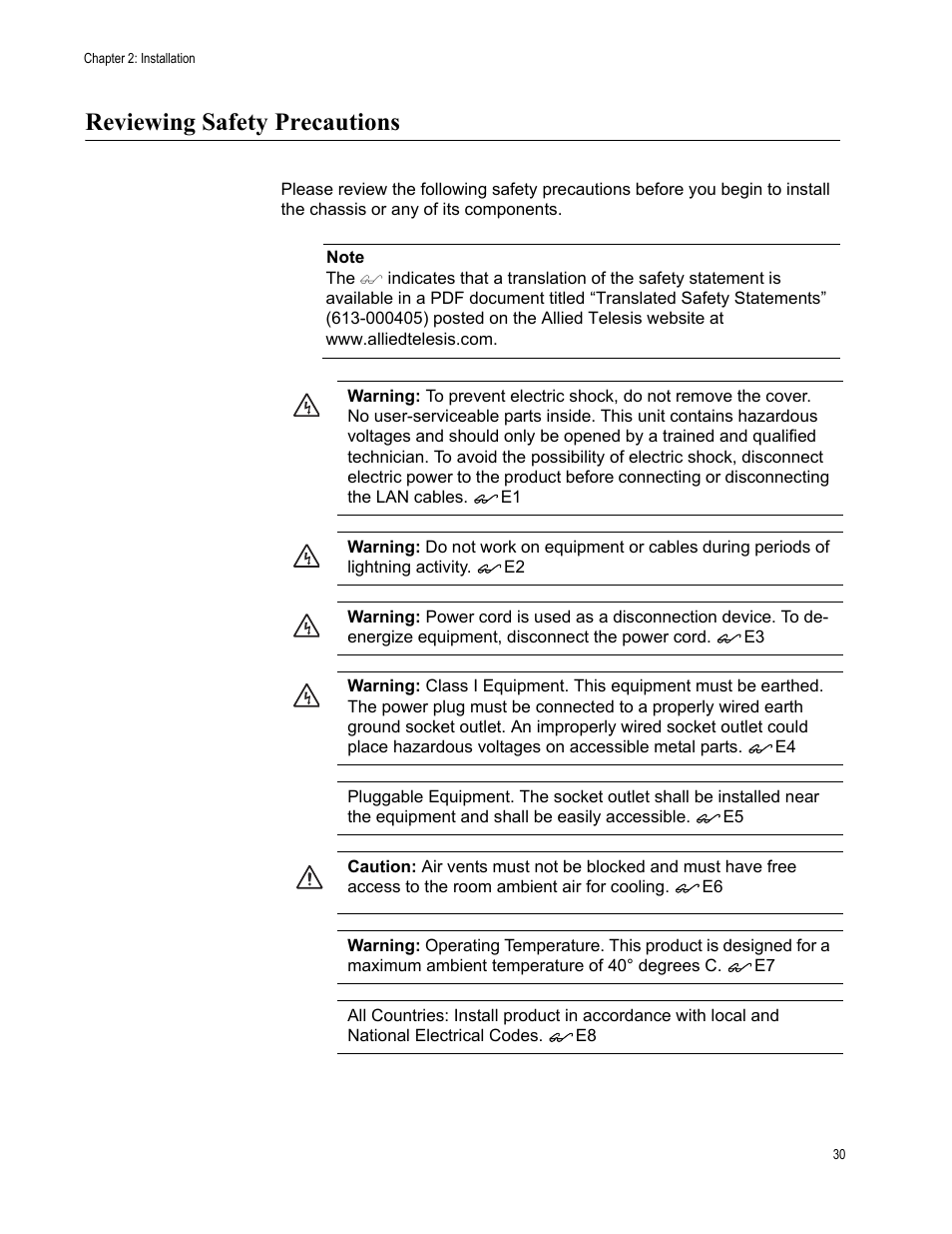 Reviewing safety precautions | Allied Telesis AT-FS750/48 User Manual | Page 30 / 50
