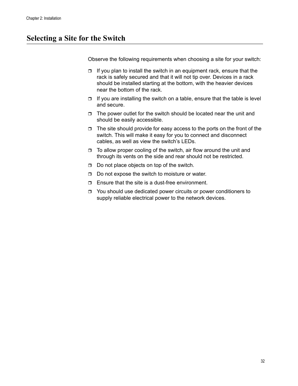 Selecting a site for the switch | Allied Telesis AT-FS750/48 User Manual | Page 32 / 50