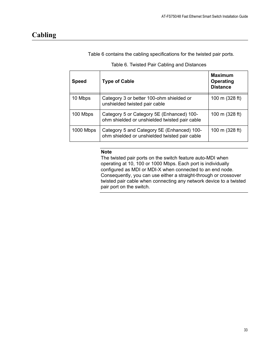 Cabling, Table 6. twisted pair cabling and distances | Allied Telesis AT-FS750/48 User Manual | Page 33 / 50