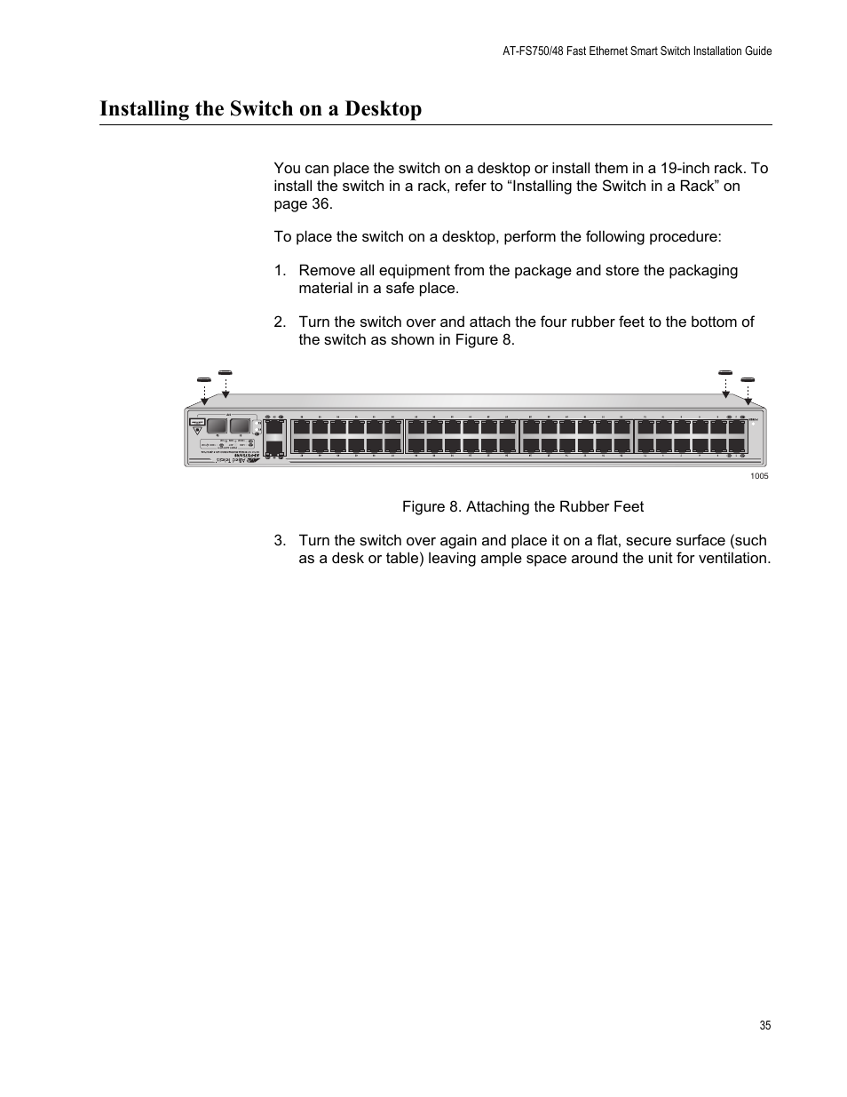 Installing the switch on a desktop | Allied Telesis AT-FS750/48 User Manual | Page 35 / 50