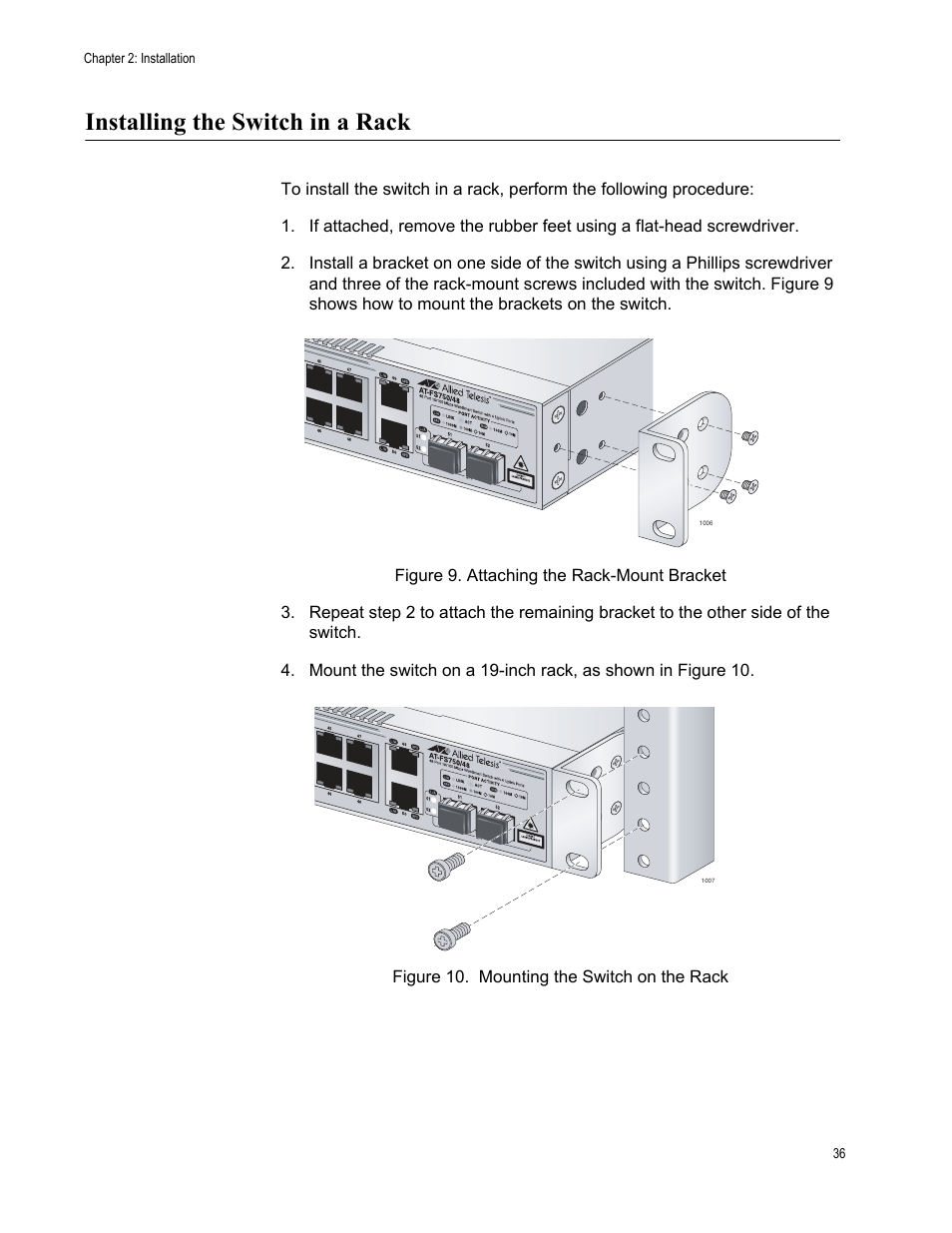 Installing the switch in a rack | Allied Telesis AT-FS750/48 User Manual | Page 36 / 50